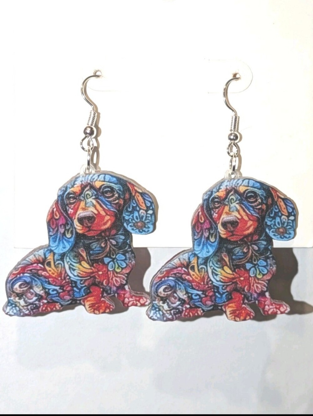Hand Crafted Multicolor Dachshund Dog Earrings — Colorful Floral Pattern